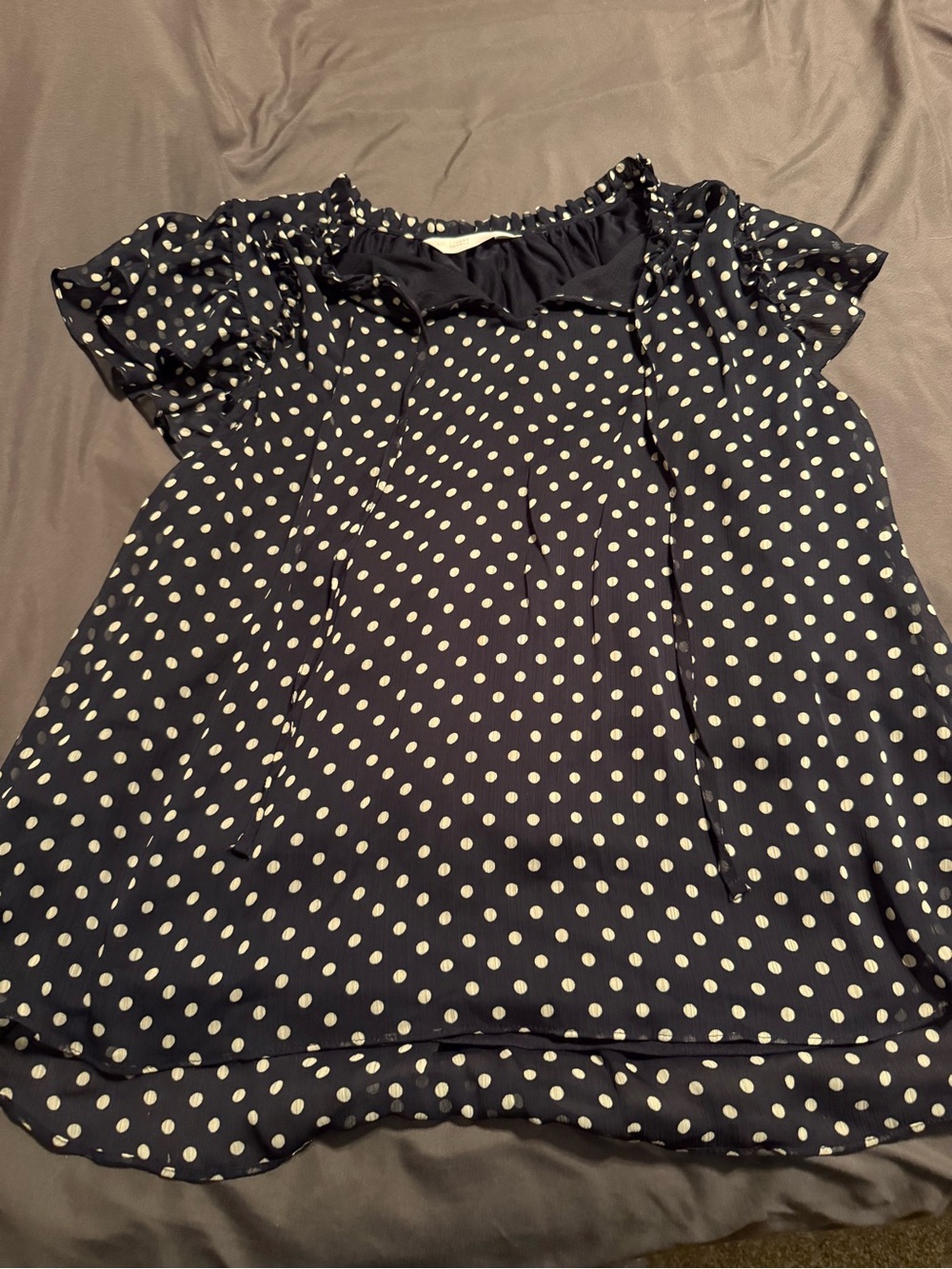LOFT Navy and White Polka Dot Short-Sleeve Blouse
